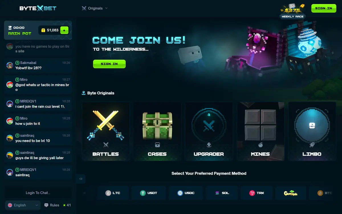 The ByteBet homepage: its games, chat panel and layout