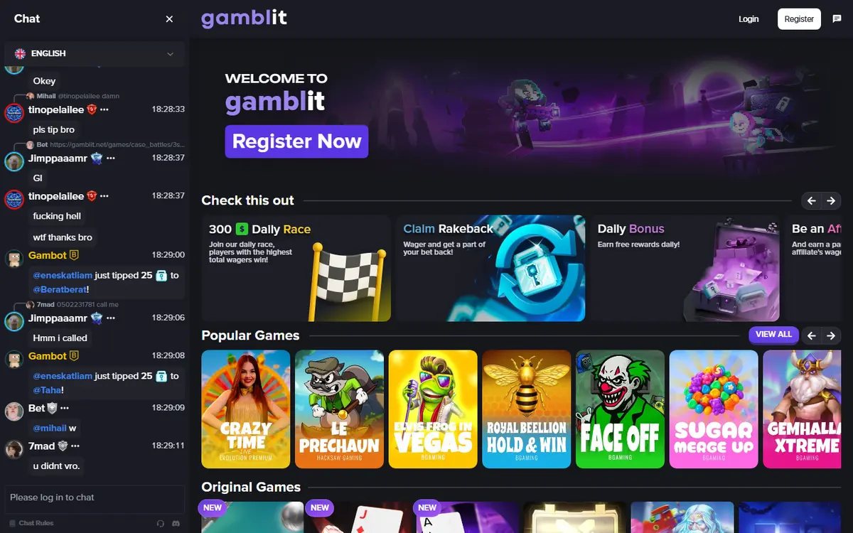 The Gamblit homepage: its games, chat panel and layout